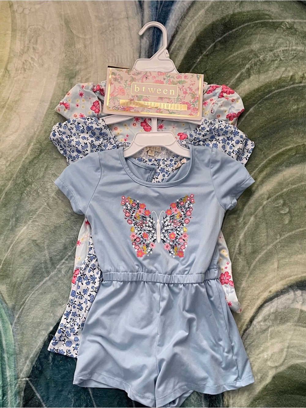 btween Blue Floral-Accent Little Girl Romper Set
